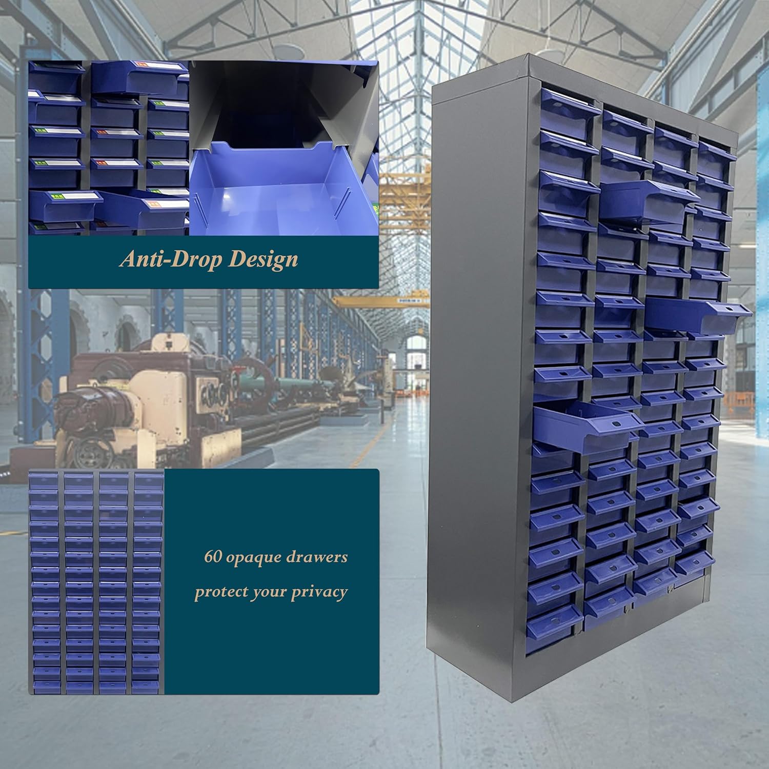 Small Parts Storage Cabinet, 60 Drawers (7.8x3.9x1.9 Inch), Heavy Duty Cold-Rolled Steel + ABS/PS, Hardware Organizer for Nails/Screws/Bolts/Nuts, Anti-Fall