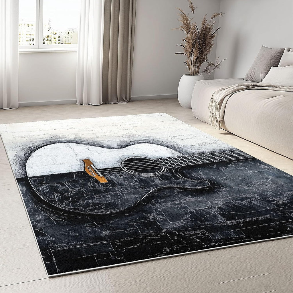 Abstract Modern Oil Painting Guitar Print 5 x 7 ft Area Rugs for Living Room, Washable Carpet for Bedroom Black and White Non-Slip Rug - Stain Resistant Carpets for Kids Playroom Classroom Dining Room