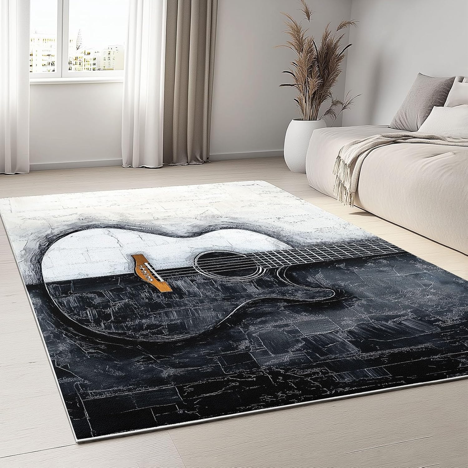 Abstract Modern Oil Painting Guitar Print 5 x 7 ft Area Rugs for Living Room, Washable Carpet for Bedroom Black and White Non-Slip Rug - Stain Resistant Carpets for Kids Playroom Classroom Dining Room