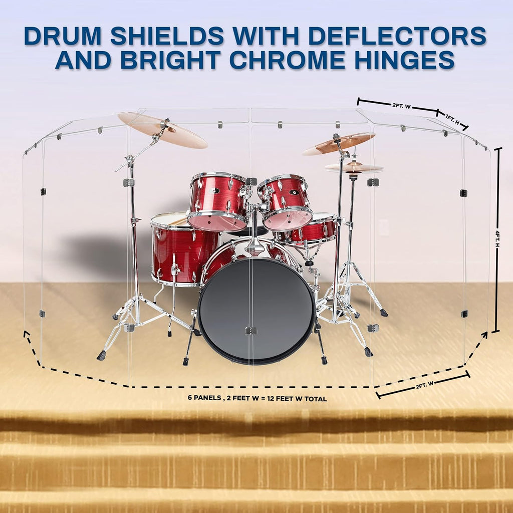 PENNZONI Drum Shield 4ft w/Deflectors & Chrome Hinges, Comes w/ 6 Drum Panels, 6 Deflectors, Chrome Hinges & Deflectors Connectors, Premium Clear Acrylic Panels