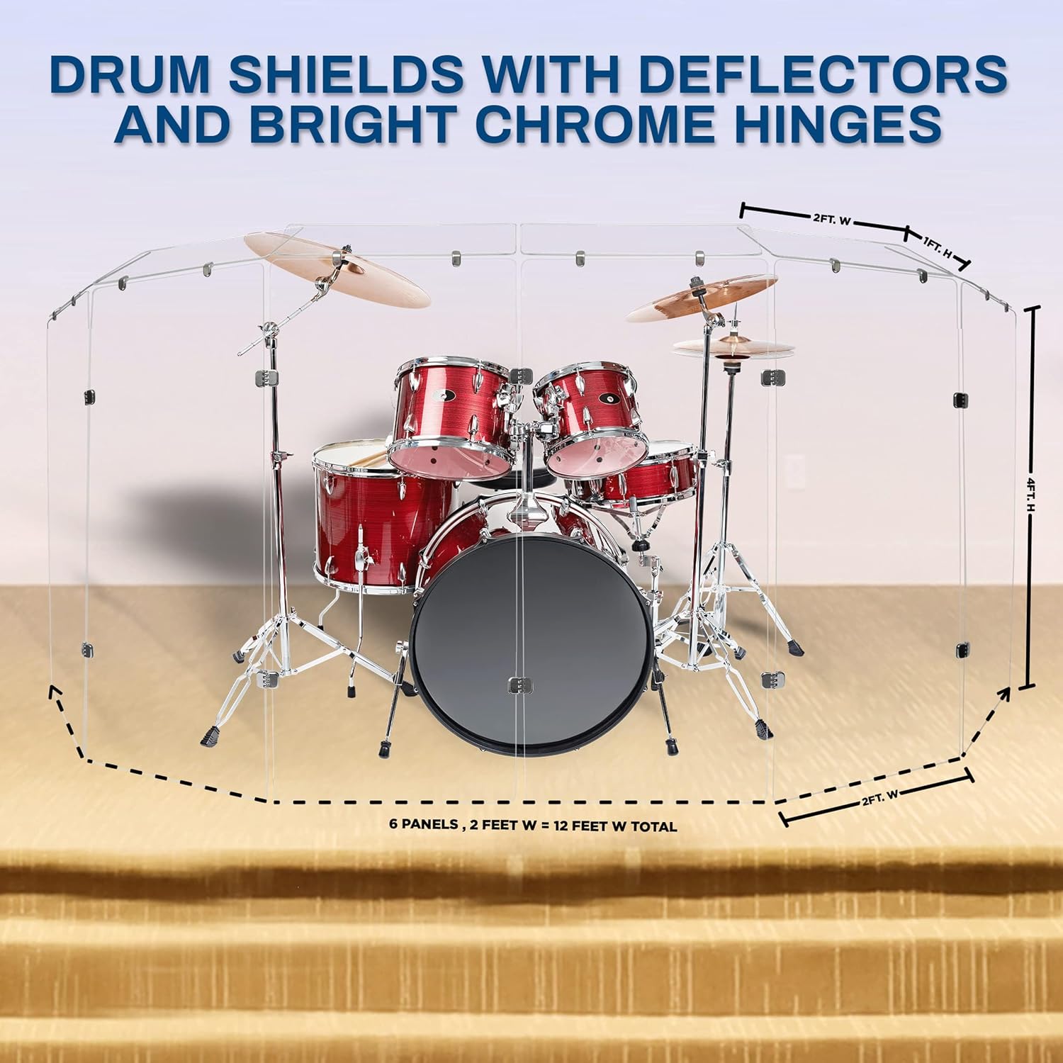PENNZONI Drum Shield 4ft w/Deflectors & Chrome Hinges, Comes w/ 6 Drum Panels, 6 Deflectors, Chrome Hinges & Deflectors Connectors, Premium Clear Acrylic Panels