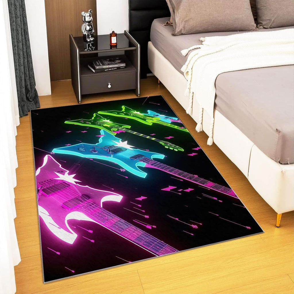 Area Rug 6x8 ft Colorful Guitar Musical Instrument Rugs for Living Room Bedroom, Soft Washable Rug, with Non Slip Backing, Modern Faux Cashmere Low-Pile Carpet, Print Pattern Rug