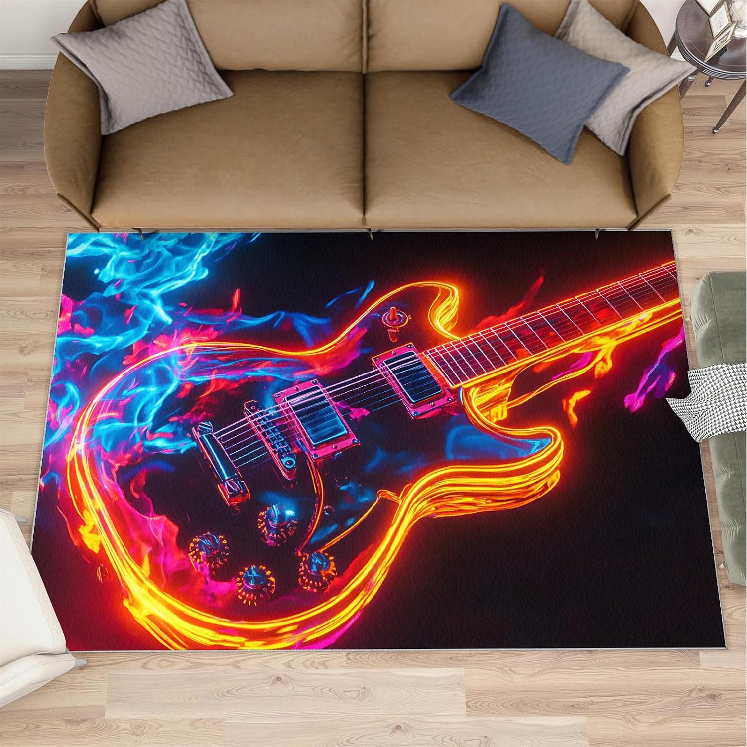 Burning Electric Guitar Rug for Bedroom 5x8 Rug Cool Instruments Rugs, Guitar Pattern Home Decor, Non Slip Washable Large Rugs, Rock Music Carpet for Boys and Girls Teen Playroom