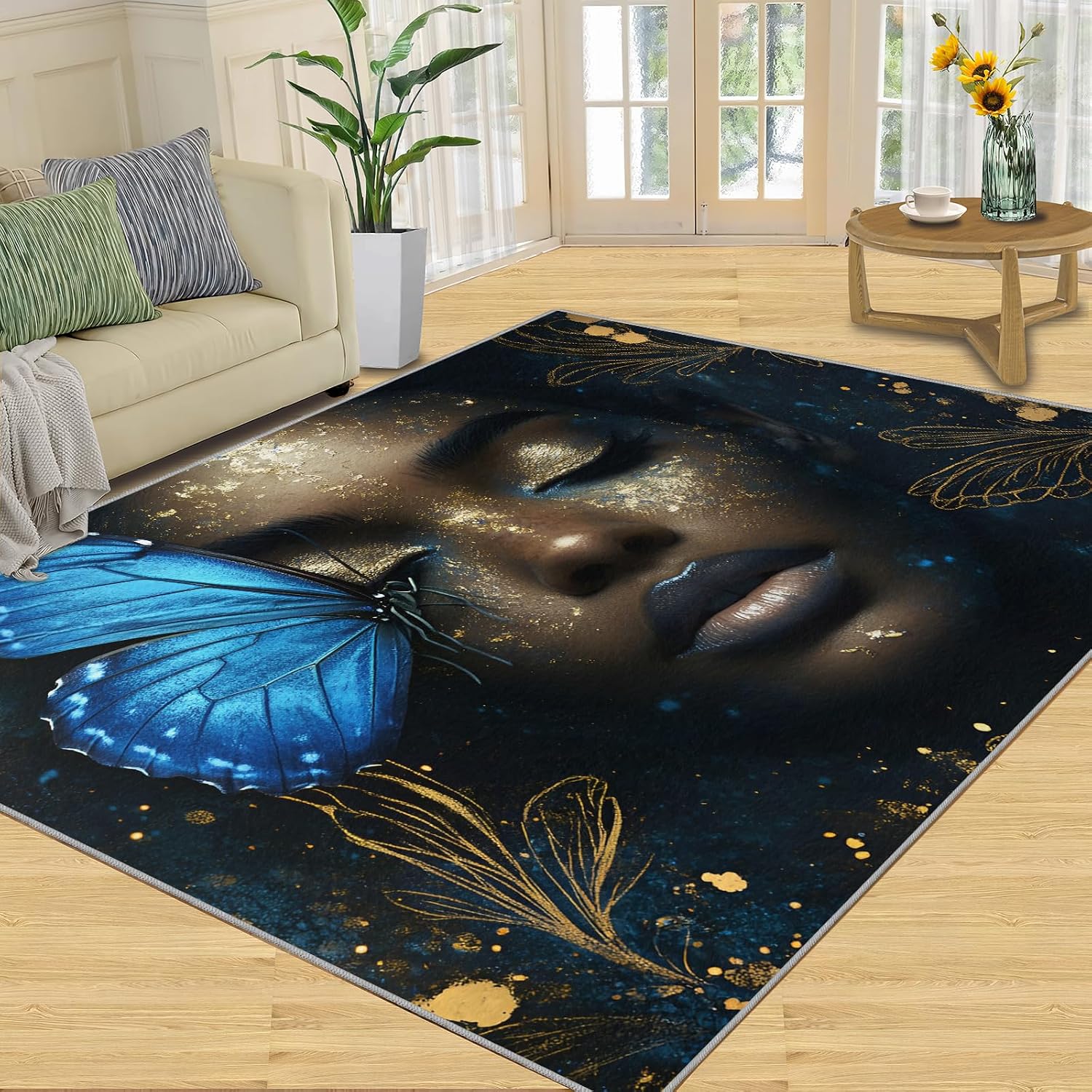 African American Woman Rug Large - 6x8 Rug, Butterfly Washable Rugs for Living Room, Fashion Carpet, Afro Black Girl Non-Slip Area Rugs for Bedroom, Modern Fashion Carpet, Black Girl Home Decor