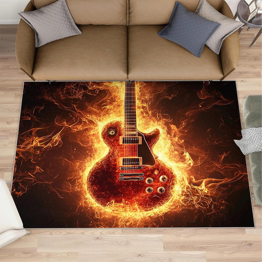 Guitar Rug for Kids Room, Flame Guitar Rug 5x7, Rock Music Bedroom Rugs Washable & Non Slip Carpet for Home Decor