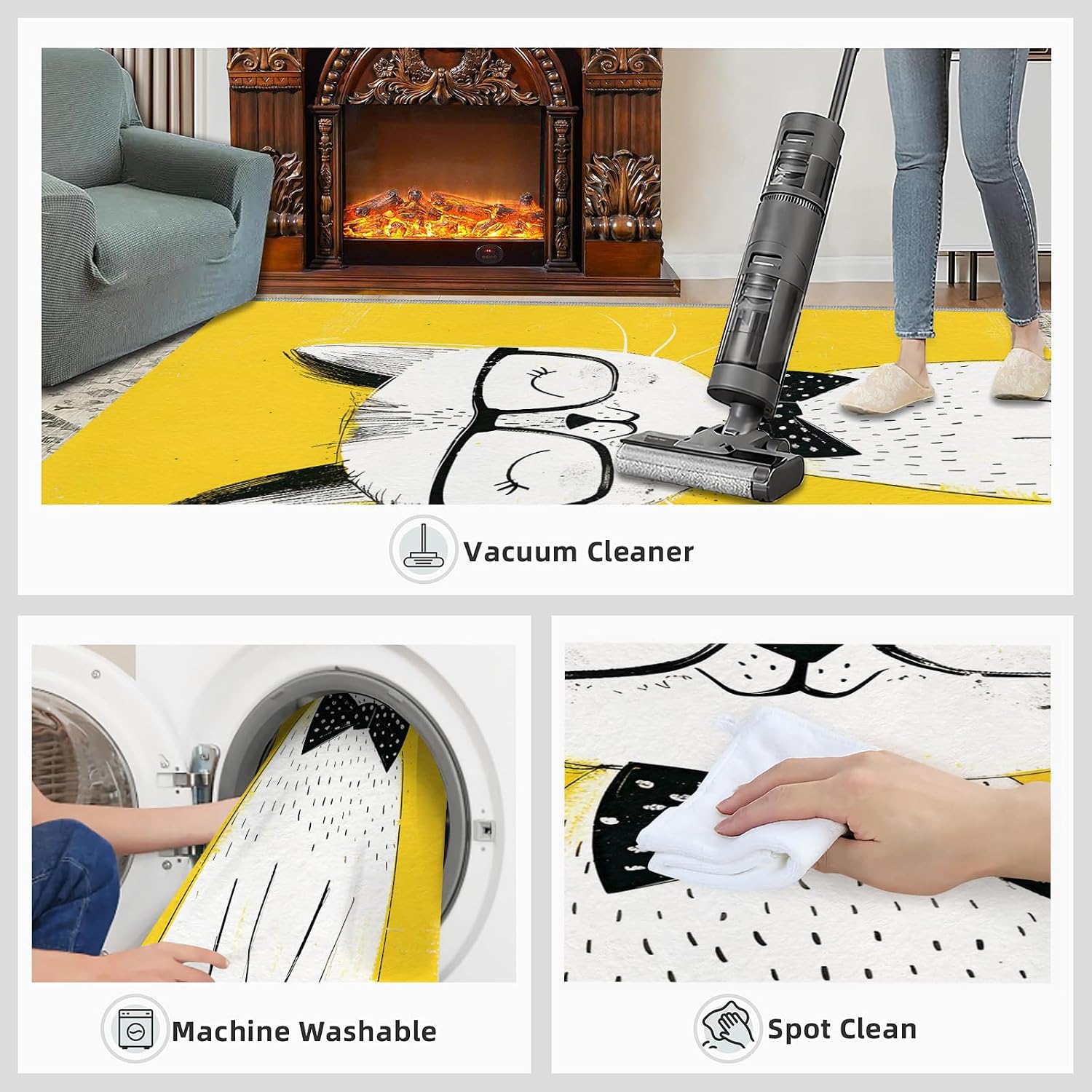 Area Rug 6x8ft, Cute White Cat Rug, Cartoon White Yellow Simple Living Room Rugs, Ultra Soft Non Slip Machine Washable Easy Care Carpet for Bedroom Study Office Apartment Room