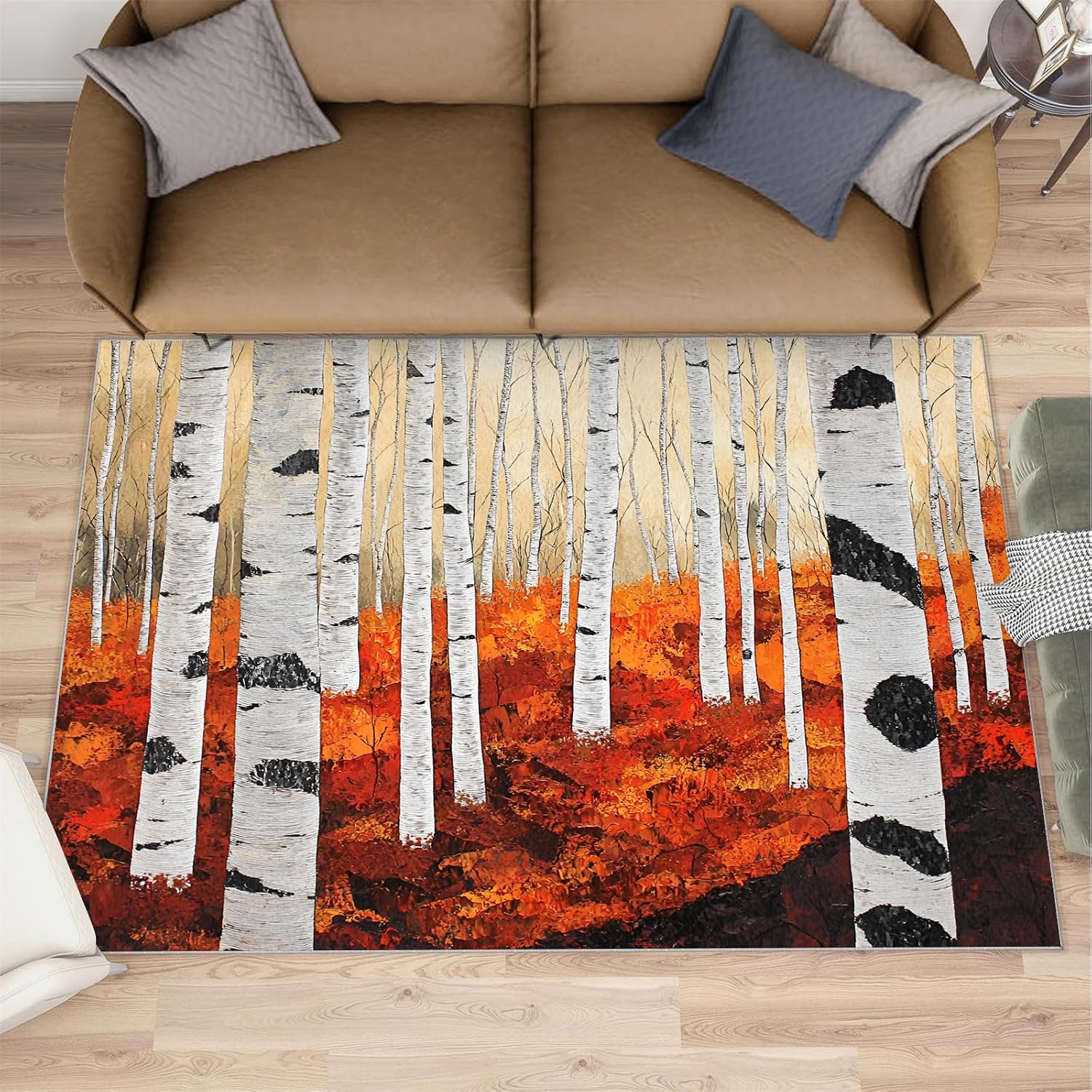Birch Tree Rug - 6x8 Rug, Autumn Forest Area Rugs for Bedroom, Watercolor Rugs for Living Room, Forest Washable Carpet, Birch Tree Home Decor & Gifts
