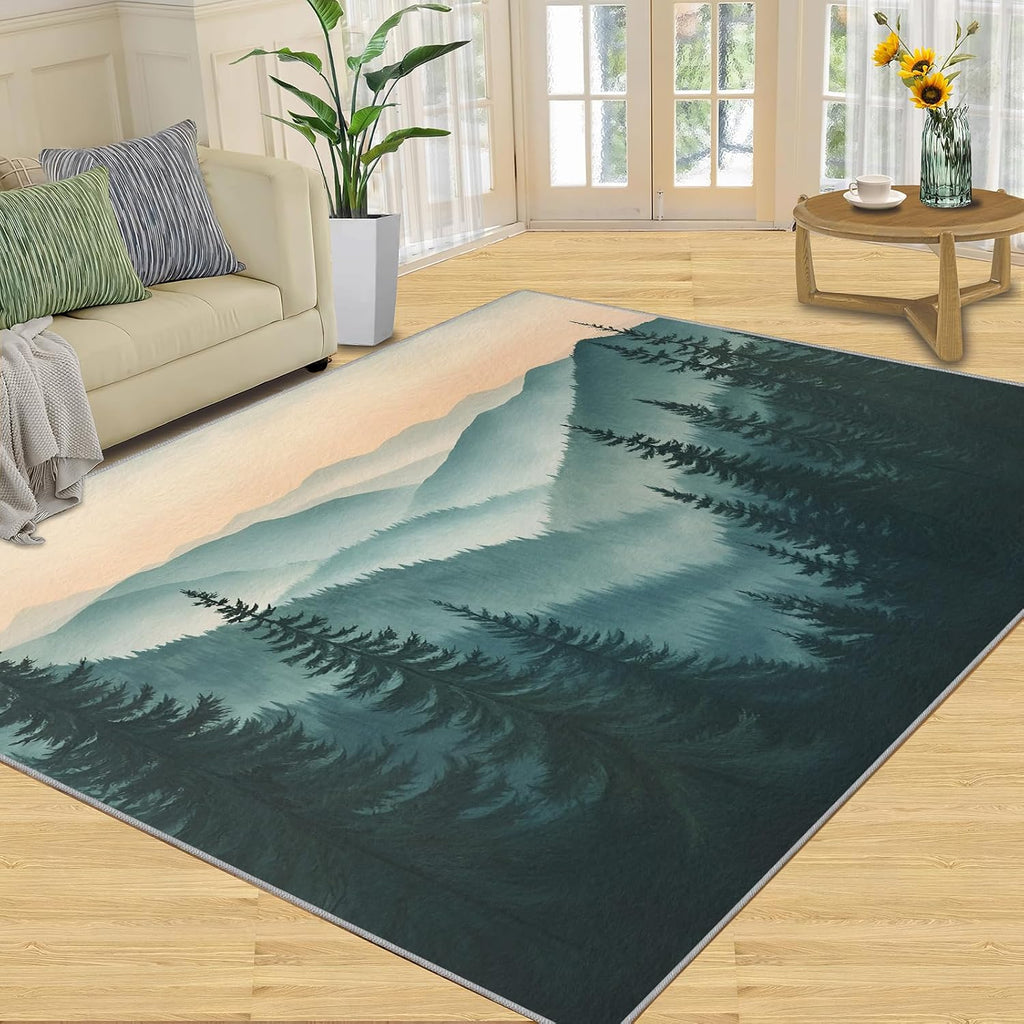 Misty Forest Rugs for Bedroom - 6x8 Rug, Forest Mountain Area Rugs for Living Room, Natural Scenery Carpet, Woodland Washable Mat, Landscape Home Decor & Gifts