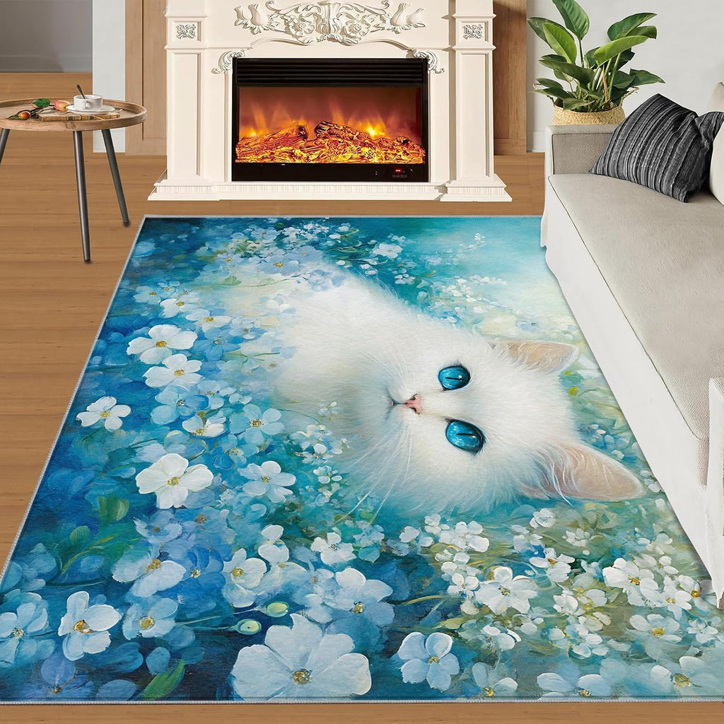 Cat Rugs for Bedroom, Florals Rug 6x8, Flowers Dining Room Rugs Washable & Non Slip Large Carpet for Home Decor