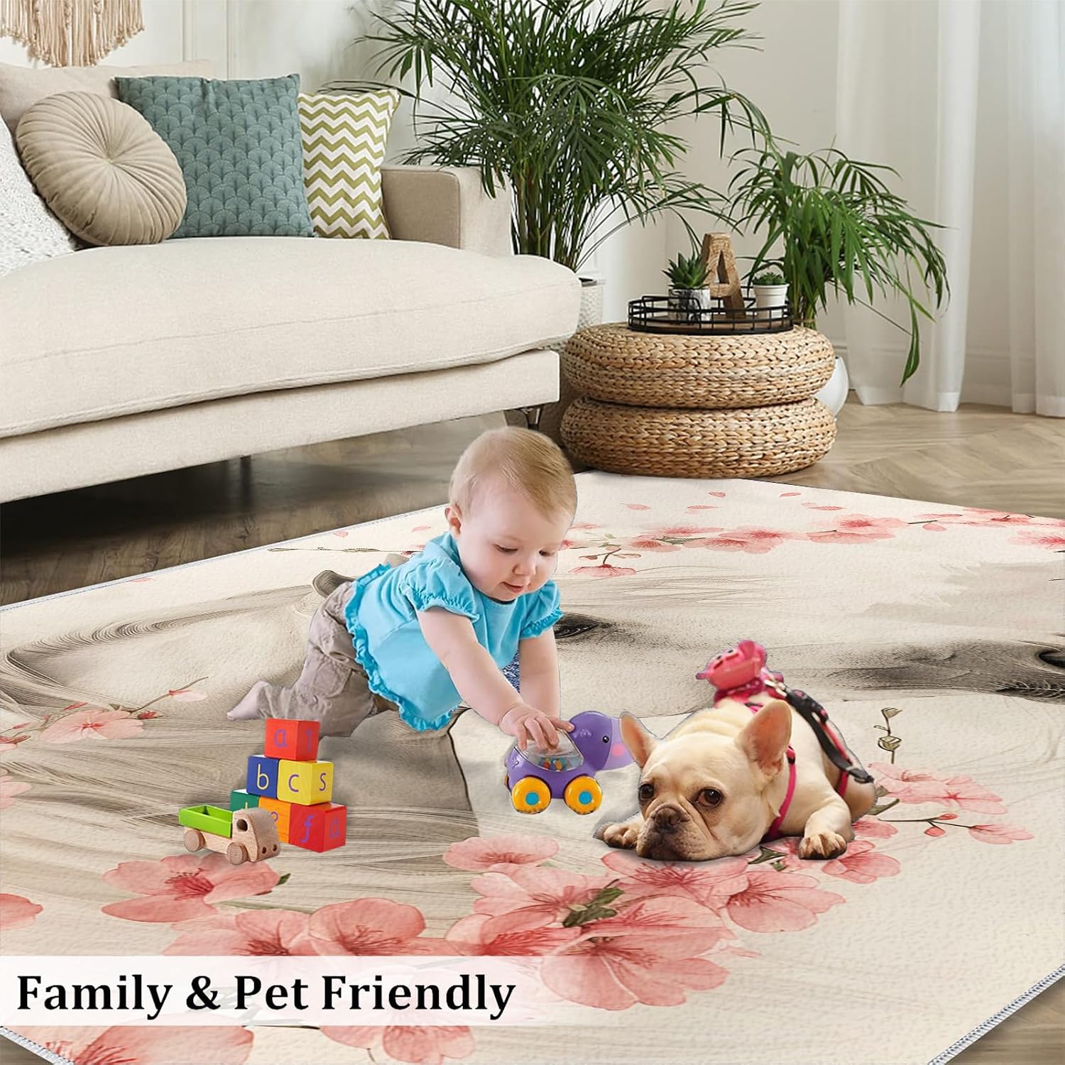 Cherry Blossom Rug for Kids Room - 6x8 Large Rug, Girls White Horse Rugs for Bedroom Western Animal Horse Area Rugs for Living Room Home Decor Washable Rug