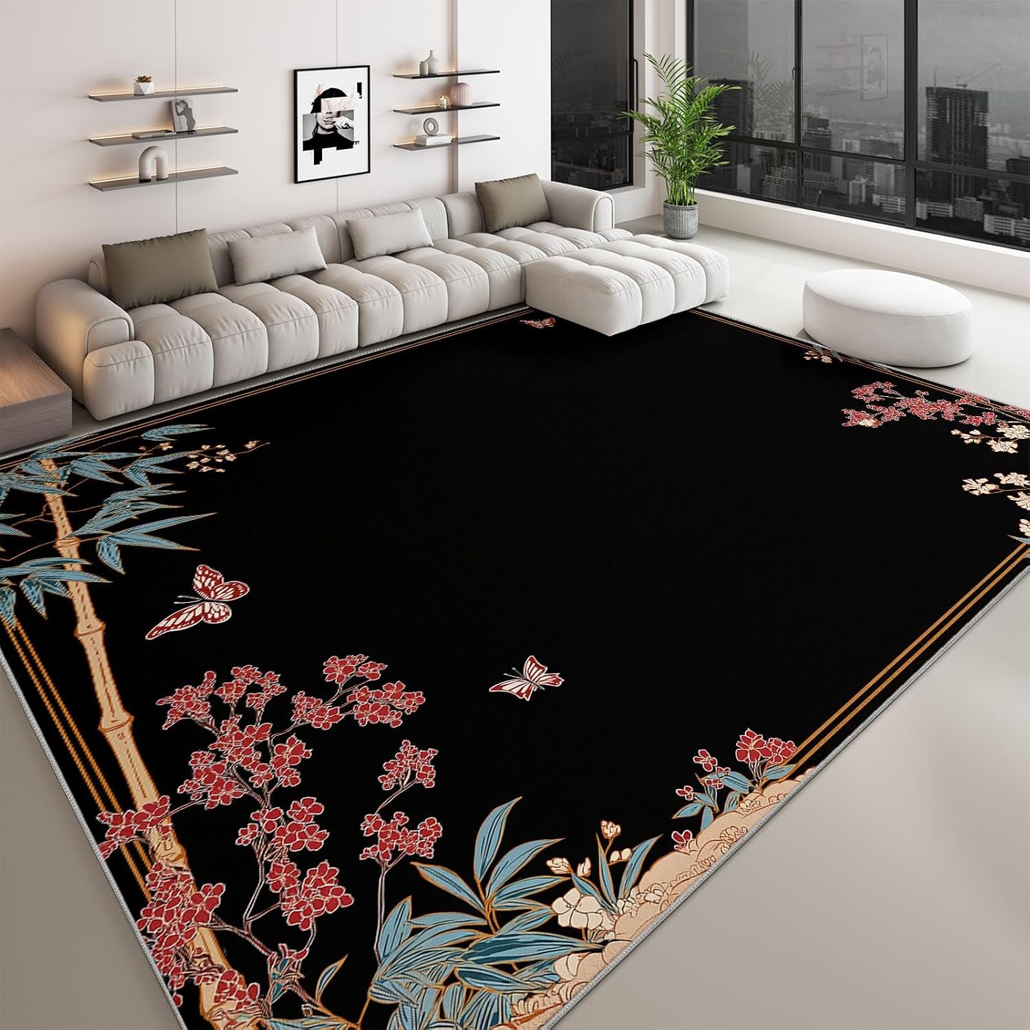 Japanese Plants Flowers Bamboo Area Rugs 5 x 7 ft for Kids Room Boys Girls, Black Polyester Indoor Carpet - Machine Washable Non-Slip Soft Printed Rug for Bedroom Living Room Decor