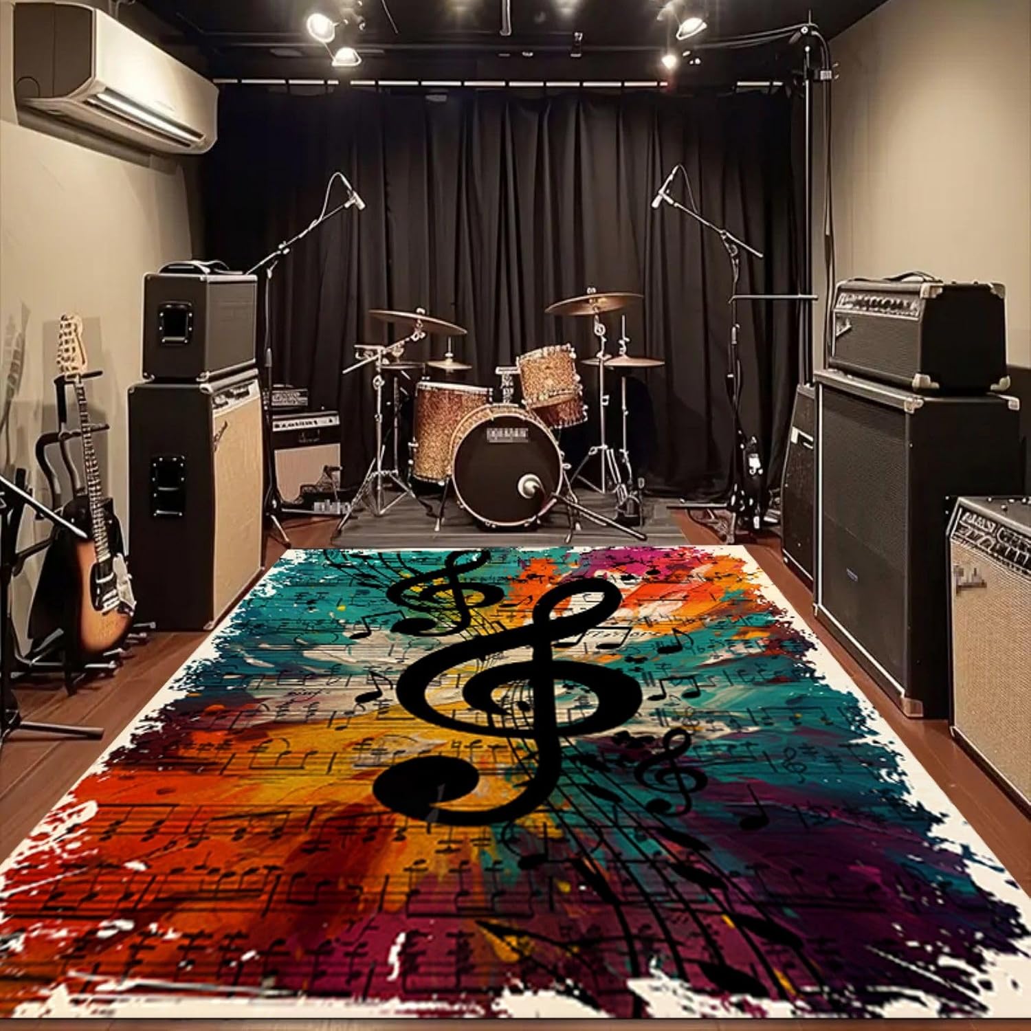 Black Musical Notes Area Rug 6x8ft Music Room Decor Sheet Music Rug Multicolor Washable Orange Blue Yellow Purple Colorful Rug for Music Studio Living Room Entrance Art Deco Rug