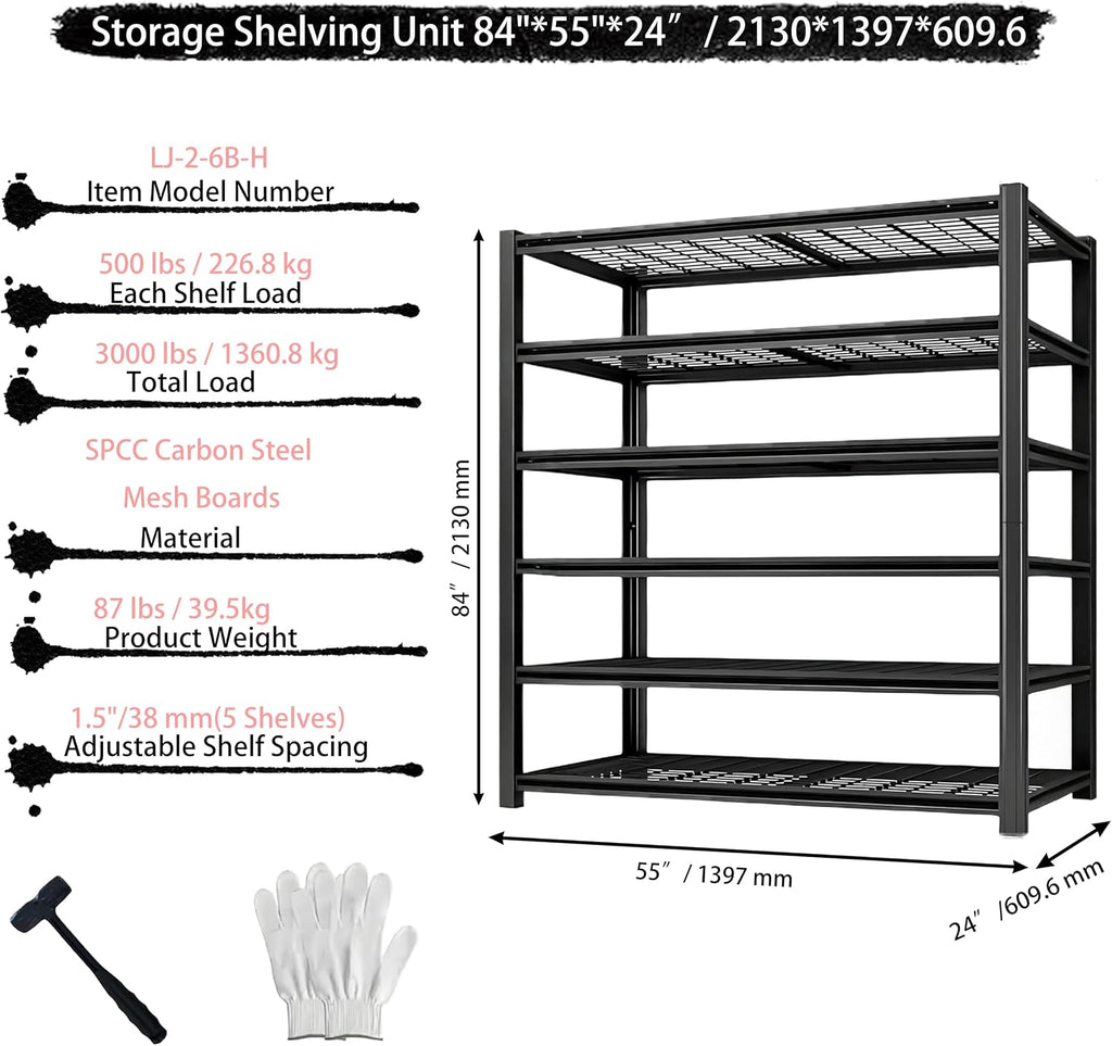 Storage Shelving Unit 6-Tier Heavy Duty Garage Shelves Metal Organizer Utility Rack for Kitchen Pantry Basement Pantry Warehouse Laundry Black 84' H x 55' W x 24' D 3000LBS