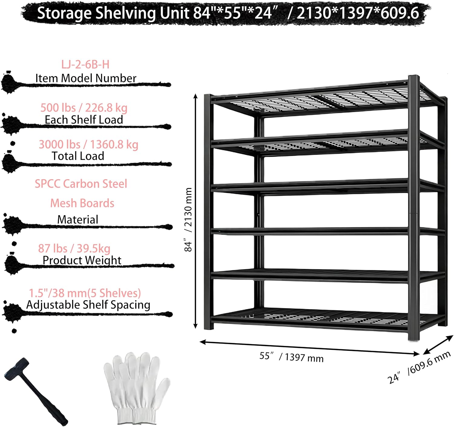 Storage Shelving Unit 6-Tier Heavy Duty Garage Shelves Metal Organizer Utility Rack for Kitchen Pantry Basement Pantry Warehouse Laundry Black 84' H x 55' W x 24' D 3000LBS