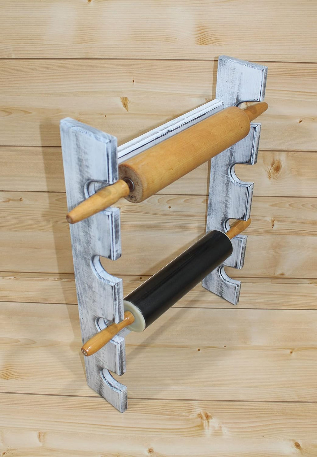 Wooden Rolling Pin Display Rack – Holds 4 Rolling Pins – Wall Mounted Storage for Bakers & Collectors – Antique White Color – Shabby Chic White & Black