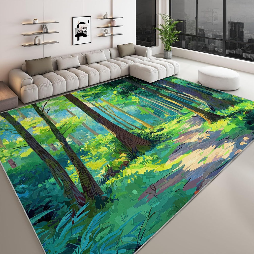 Cartoon Print Area Rug 5 x 7 ft for Living Room, Oil Painting Forest Green Trees Soft Washable Carpet for Bedroom Non-Slip Rug - Stain Resistant Carpets for Kids Playroom Classroom Dining Room