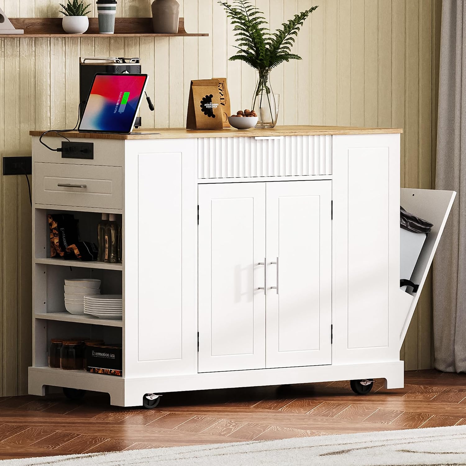 Modern Kitchen Storage Island with Trash Can Cabinet & Power Outlet, Rolling Kitchen Island Cart on Wheels with Open Side Shelves and Towel Rack, 53-Inch, White
