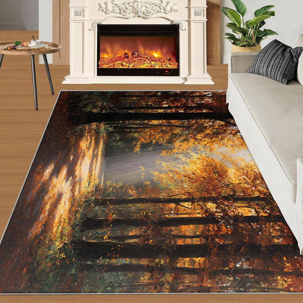 Forest Rugs for Bedroom, Autumn Forest Rug 6x8, Natural Scenery Dining Room Rugs Washable & Non Slip Large Carpet for Home Decor