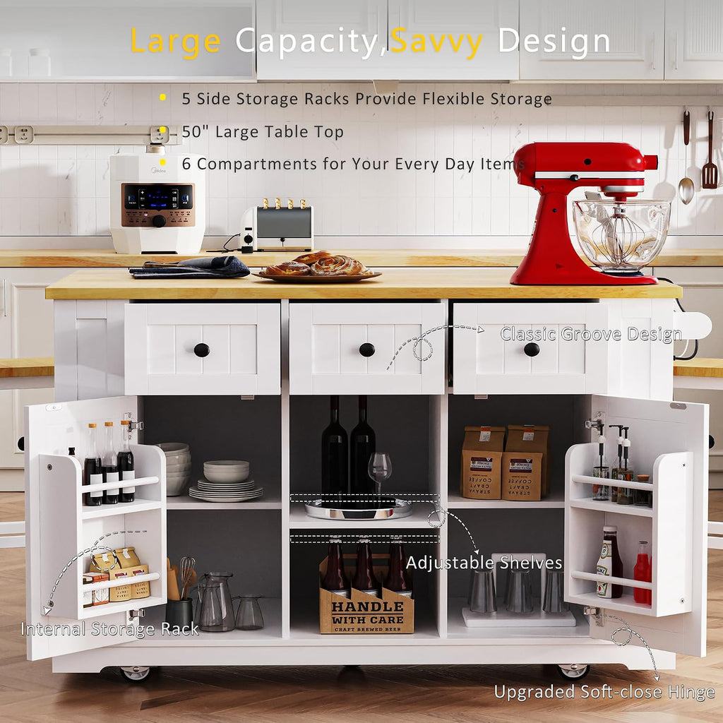 Kitchen Storage Island on Wheels with Drop Leaf & Power Outlet, Rolling Kitchen Island Cart with Open Side Racks, Door Shelves and Towel Bar, 53-Inch, White