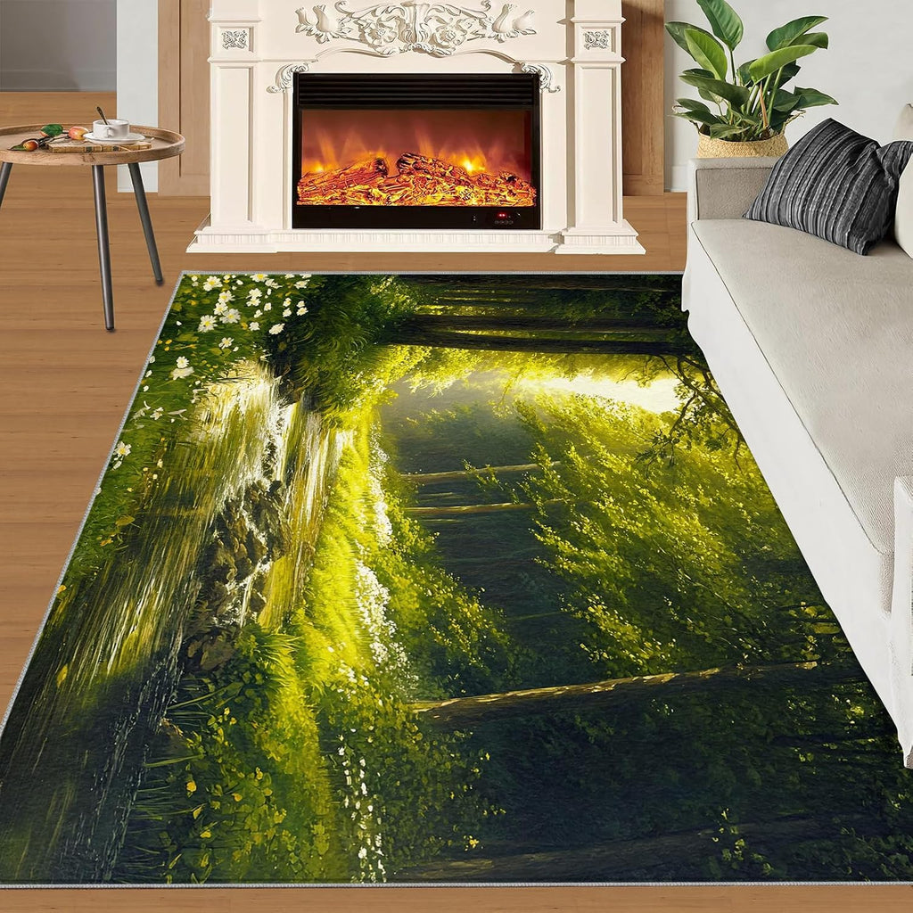 Forest Rug 6x8 - Forest Stream Large Rugs for Living Room, Natural Scenery Carpet Area Rug for Girls Bedroom Kids Room Basement Office Classroom