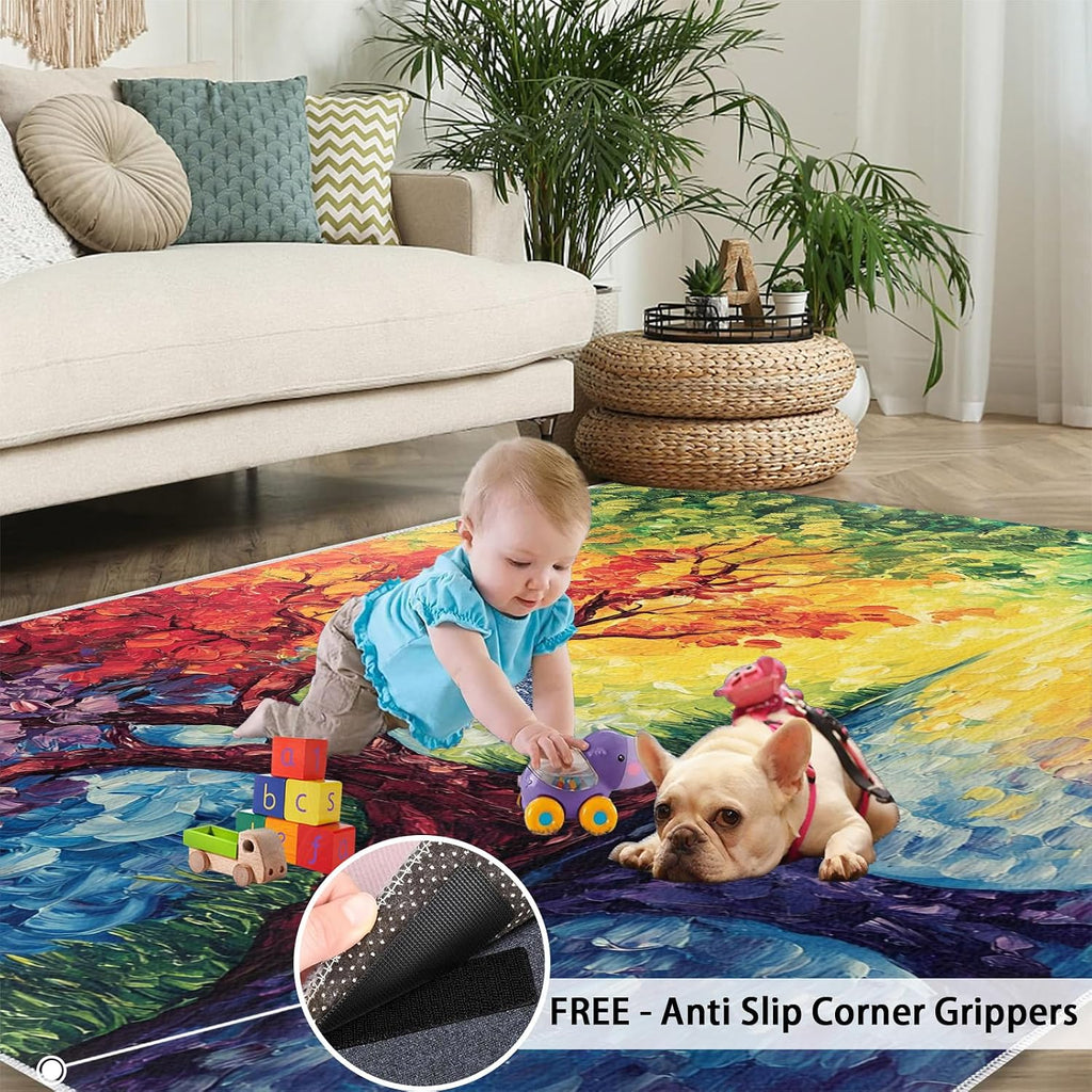Colorful Tree Area Rug 6x8 - Tree of Life Large Rugs for Living Room, Abstract Oil Painting Carpet Area Rug for Girls Bedroom Kids Room Basement Office Classroom