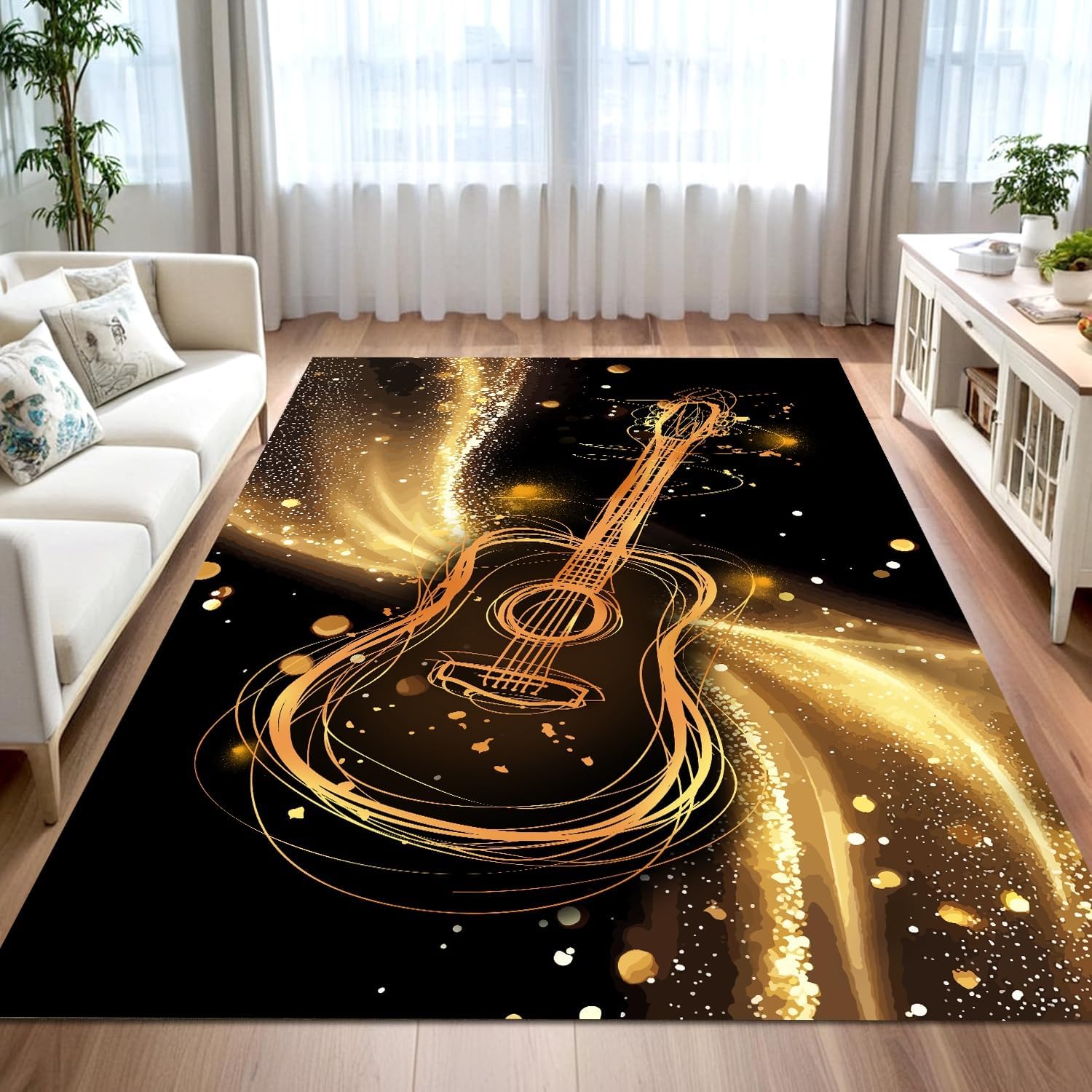 Guitar Area Rug, 6x8ft, Music Themed 3D Instrument Print, Black and Gold Guitar Washable Rugs, Soft Rugs for Bedrooms, Living Rooms, Studies, Children's Rooms, Non-Slip Mats, Home Décor