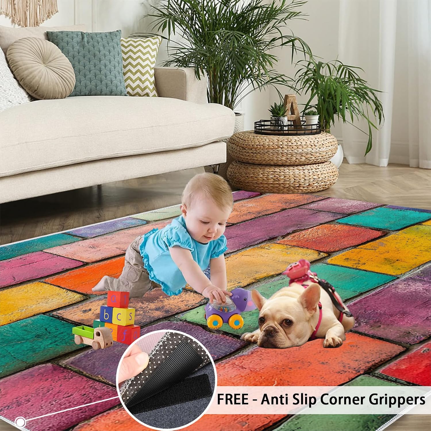 Colored Wall Tiles Area Rug, Retro Distressed Rugs for Living Room, Low Pile Soft High Traffic Rugs for Front Entrance Floor Decor Mat 6x8