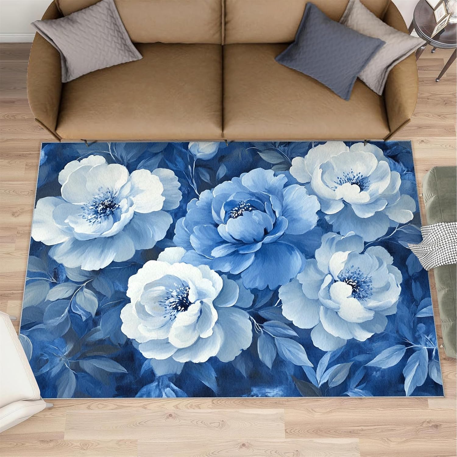 6x8 Blue-Florals Classroom Rugs - Peony Playroom Rug, Natural Flowers Carpet Area Rug for Girls Bedroom Kids Room Basement Office Classroom