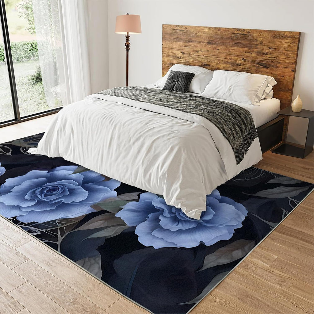 Blue Roses Black Leaves Area Rug, Modern Light Luxury Indoor Non-Slip Kids Rugs, Machine Washable Breathable Durable Carpet for Room Sofa Living Room Mat Bedroom Home Decor Floor Mats,6 x 8ft