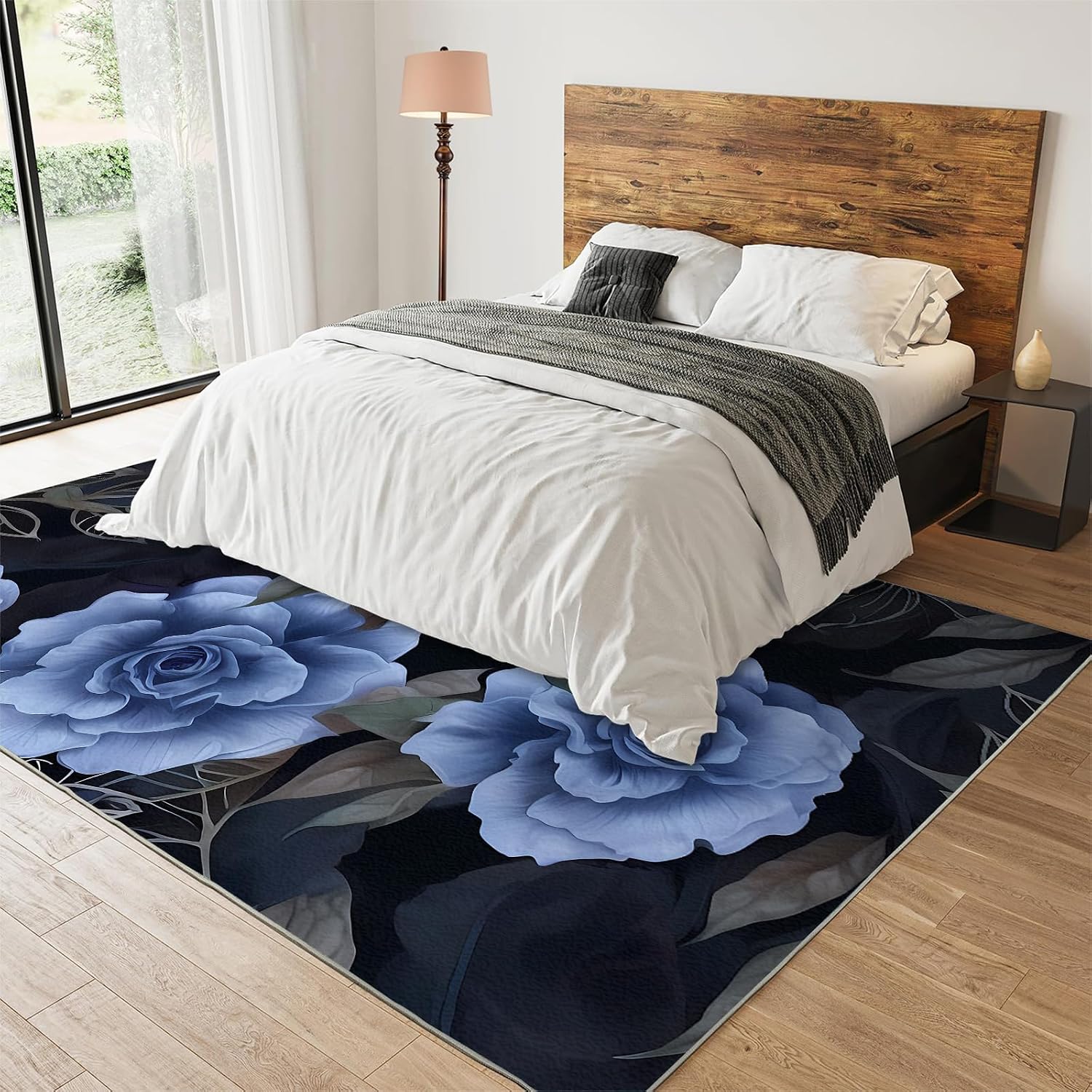 Blue Roses Black Leaves Area Rug, Modern Light Luxury Indoor Non-Slip Kids Rugs, Machine Washable Breathable Durable Carpet for Room Sofa Living Room Mat Bedroom Home Decor Floor Mats,6 x 8ft