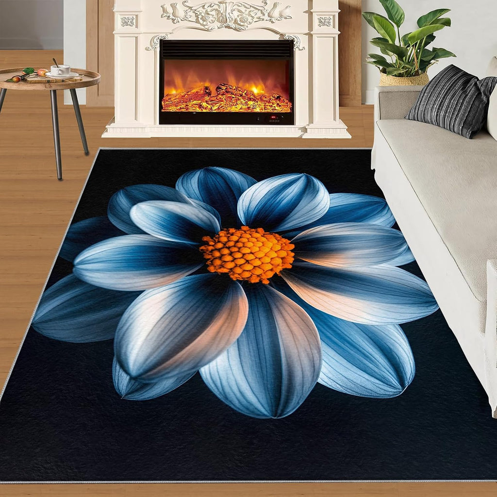 Dahlia Rugs for Living Room, Flowers Area Rug, Low Pile High Traffic Rugs for Woman Bedside Bedroom Kitchen Dining Room Decor Floor Mat 6x8