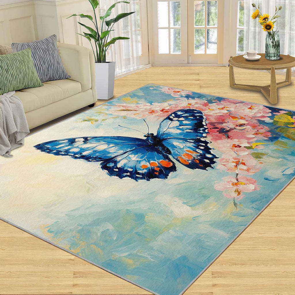 Blue Butterfly Rug 6x8 - Florals Oil Painting Large Rugs for Living Room, Flowers Carpet Area Rug for Girls Bedroom Kids Room Basement Office Classroom