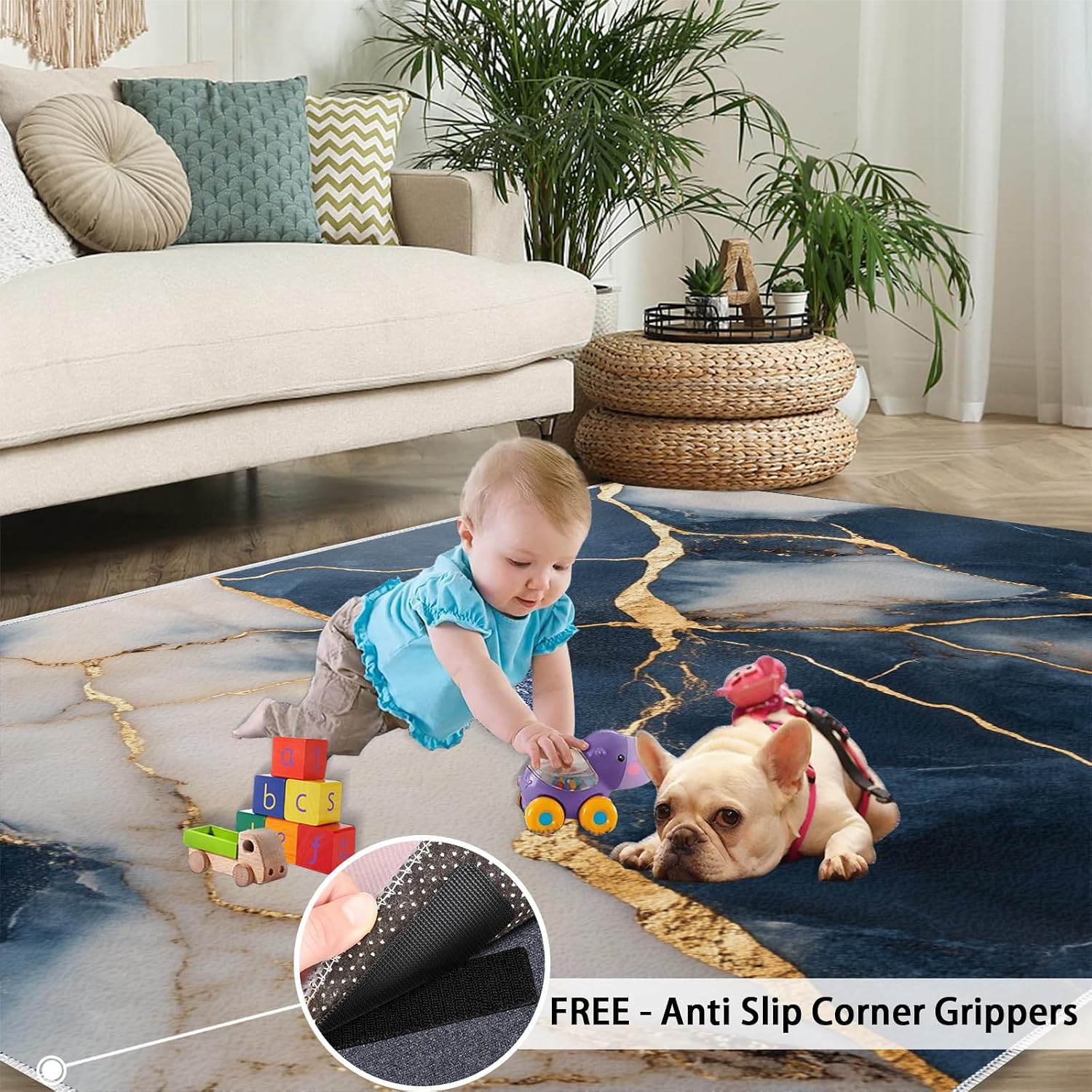 Blue Gold Carpet - Large Rug 6x8 - Marble Rugs for Living Room - Soft & Non Slip & Washable Rugs for Bedroom, Light Luxury Carpets for Dining Room Lounge Girls Room