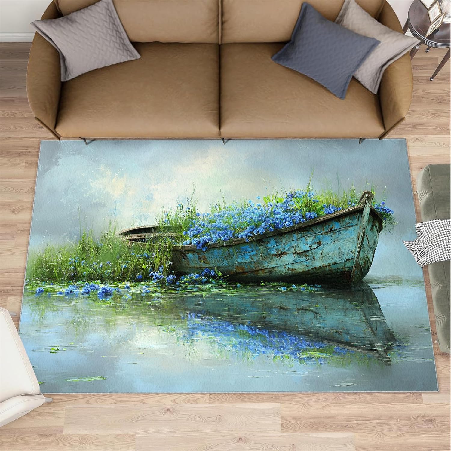 6x8 Floating Boat Area Rug - Impressionist Painting Large Rugs for Living Room, Oil Painting Carpet Area Rug for Girls Bedroom Kids Room Basement Office Classroom