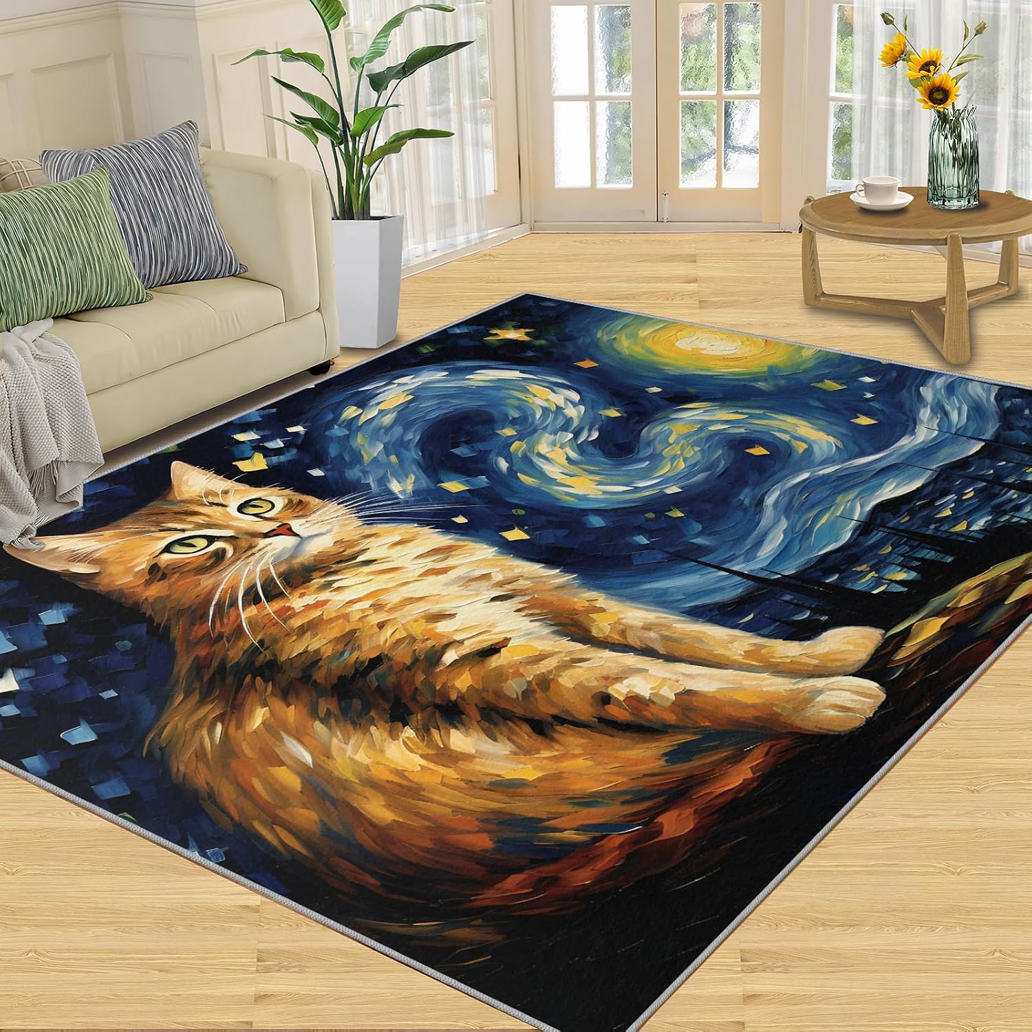 6x8 Area Rug - Starry Sky Orange Cat Large Rugs for Living Room, Post-Impressionist Art Painting Carpet Area Rug for Girls Bedroom Kids Room Basement Office Classroom