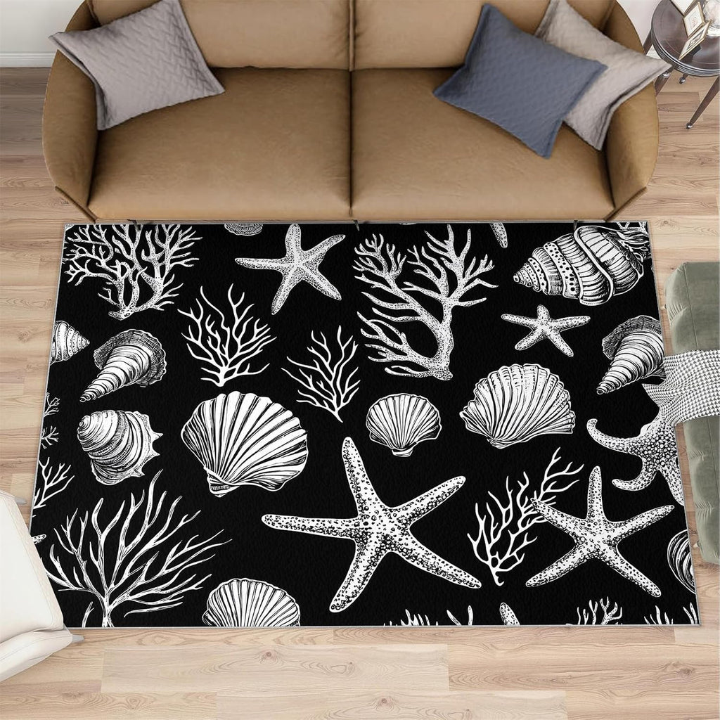 Coastal Rugs for Bedroom, Shells Rug 6x8, Coral Dining Room Rugs Washable & Non Slip Large Carpet for Home Decor