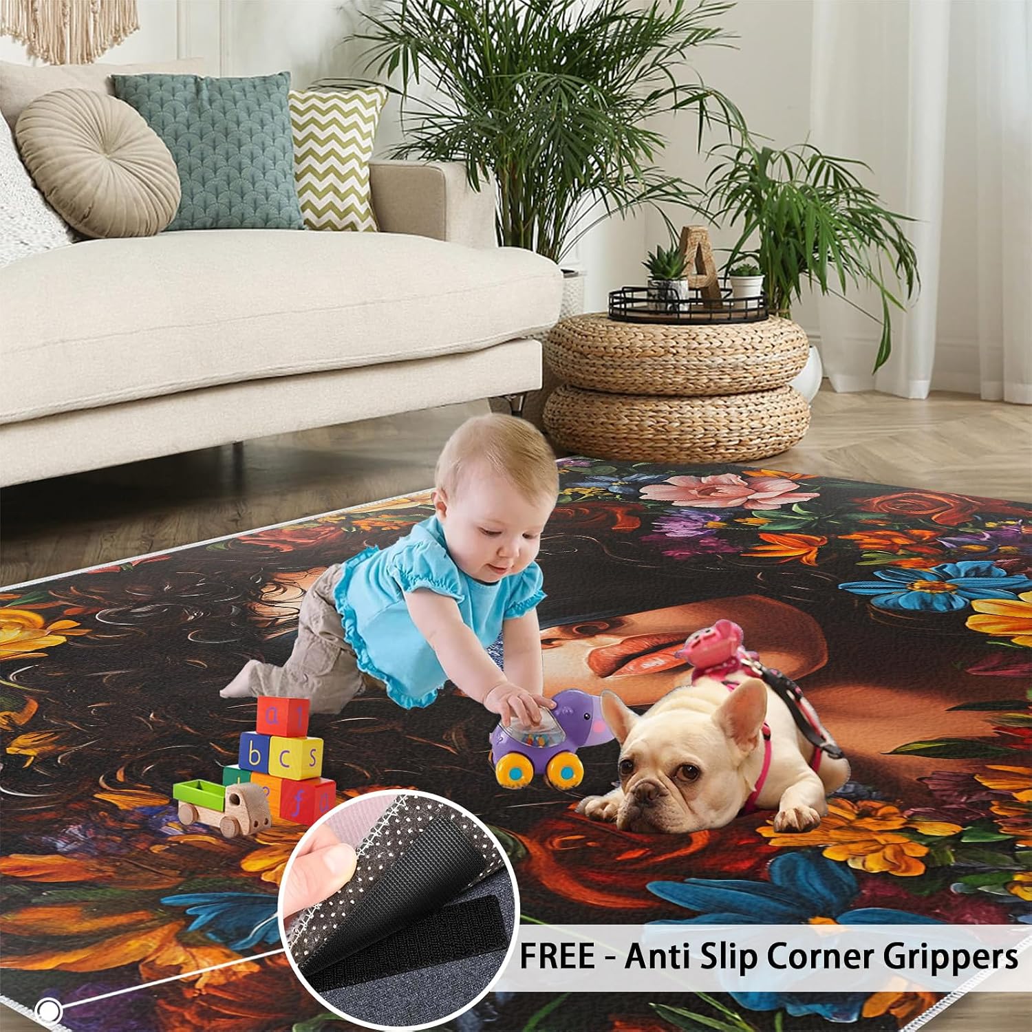 Black Girl Rug 6x8, Flowers Rugs for Bedroom, Fashion Girl Rugs for Living Room, Washable Area Rug for Boys Girls Room, Non Slip & Low Pile Carpet