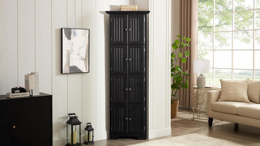 72' Sturdy Freestanding Storage Cabinet, Kitchen Storage Bakers Rack with Tiered Shelves, Utility Food Cupboard with Spacious Doors for Kitchen, Bathroom, Living Room, Black
