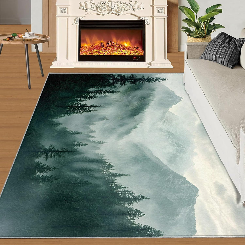 Misty Forest Area Rug Large - 6x8 Rug, Smoky Mountain Rugs for Living Room, Woodland Area Rugs for Bedroom, Scenery Carpet, Washable Carpet, Forest Home Decor & Gifts