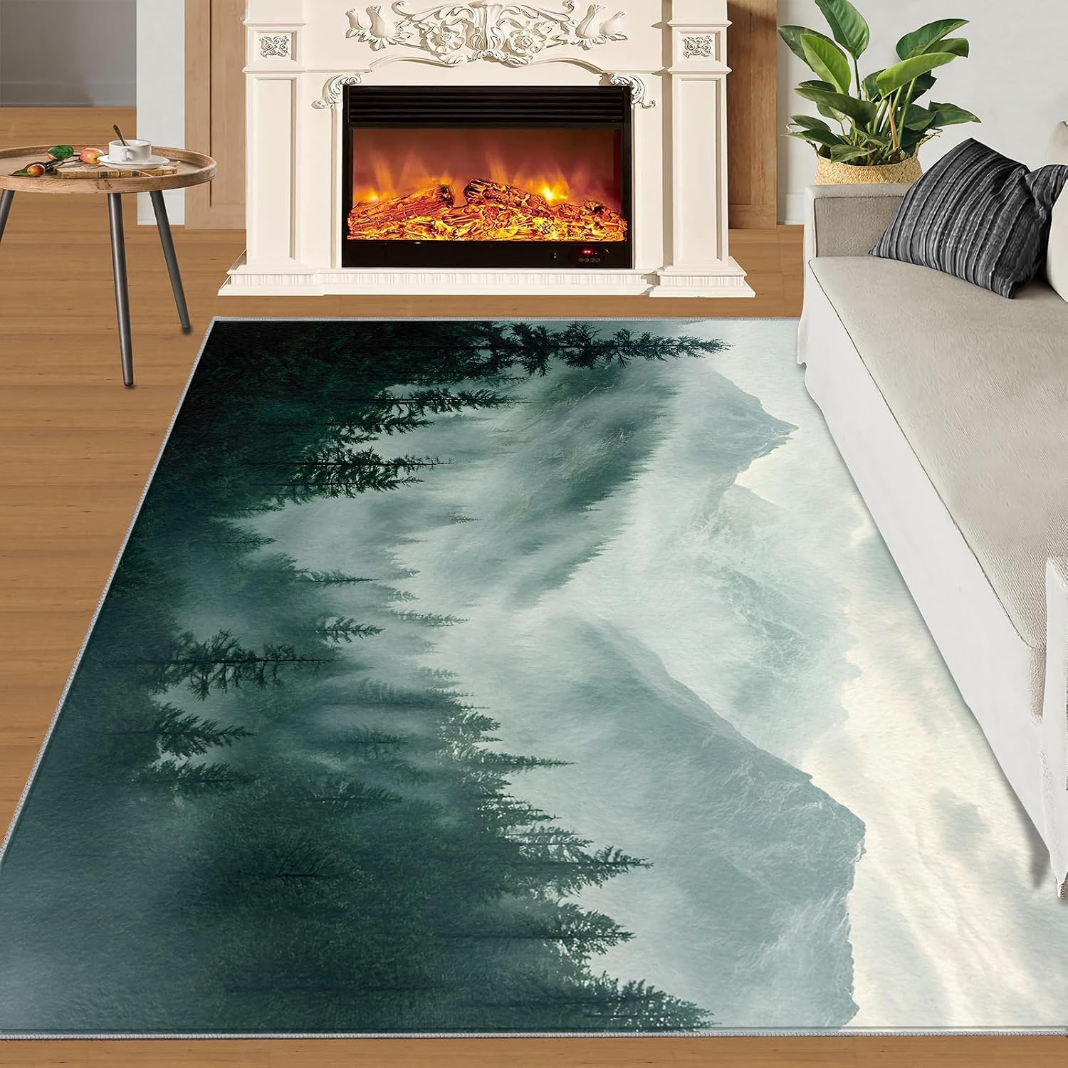 Misty Forest Area Rug Large - 6x8 Rug, Smoky Mountain Rugs for Living Room, Woodland Area Rugs for Bedroom, Scenery Carpet, Washable Carpet, Forest Home Decor & Gifts