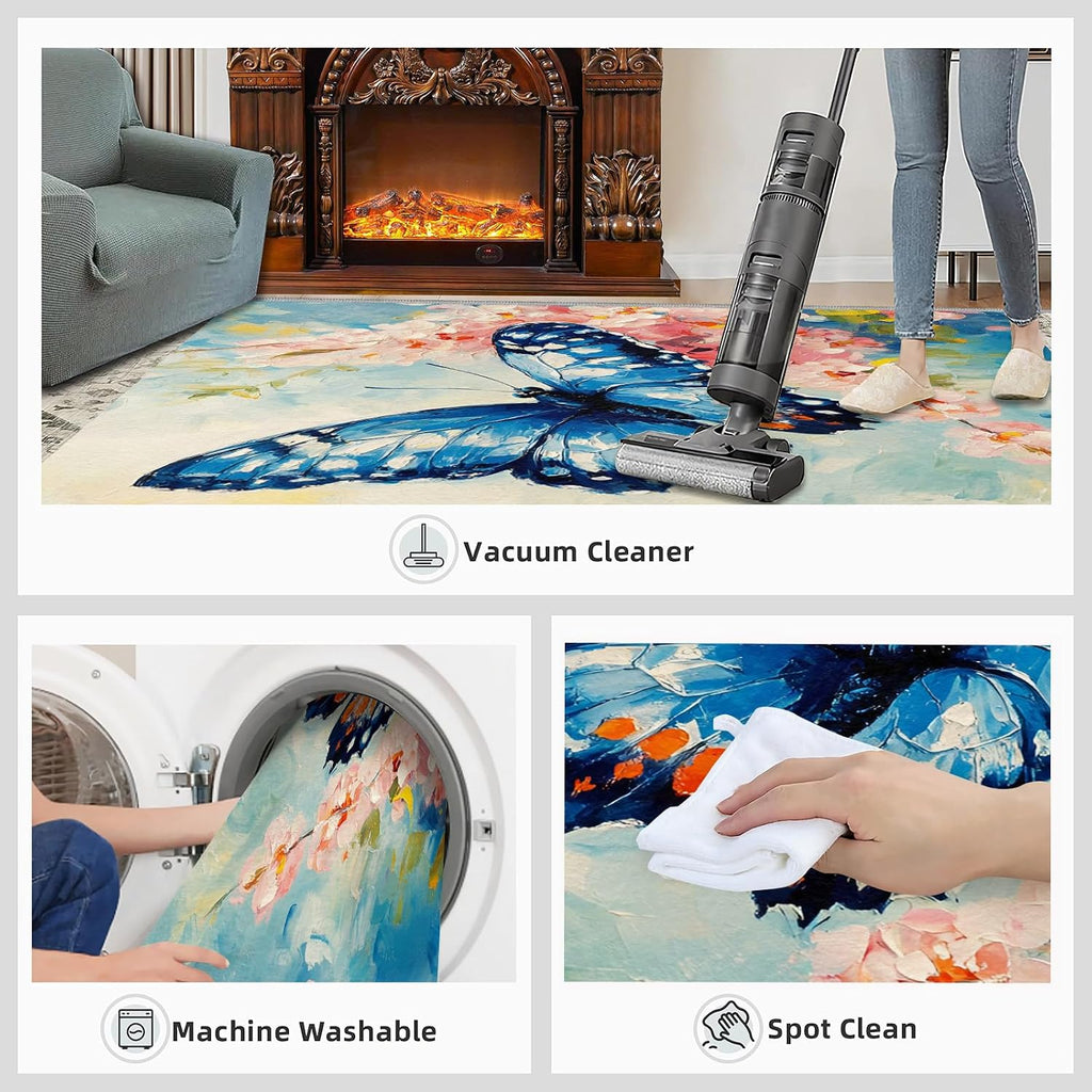 Blue Butterfly Rug 6x8 - Florals Oil Painting Large Rugs for Living Room, Flowers Carpet Area Rug for Girls Bedroom Kids Room Basement Office Classroom
