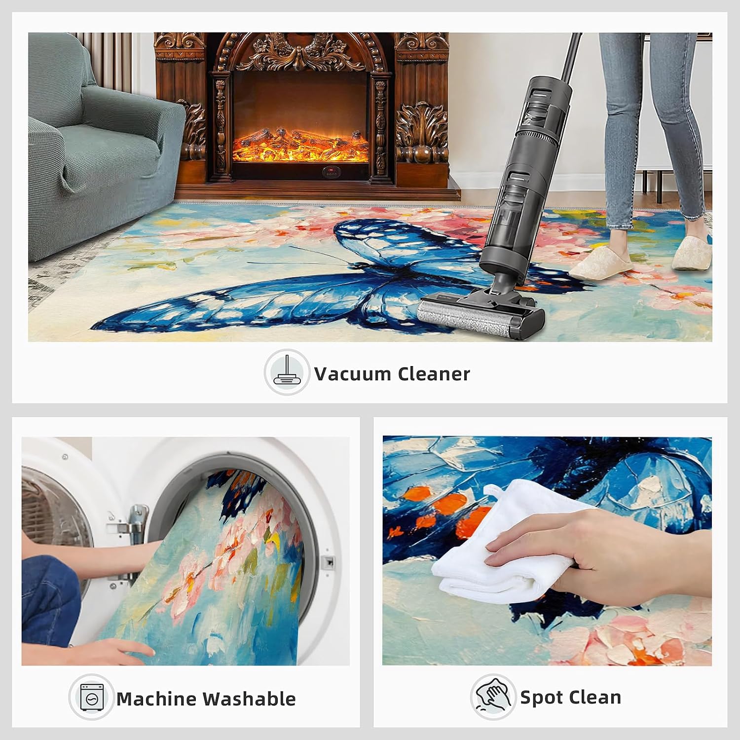 Blue Butterfly Rug 6x8 - Florals Oil Painting Large Rugs for Living Room, Flowers Carpet Area Rug for Girls Bedroom Kids Room Basement Office Classroom