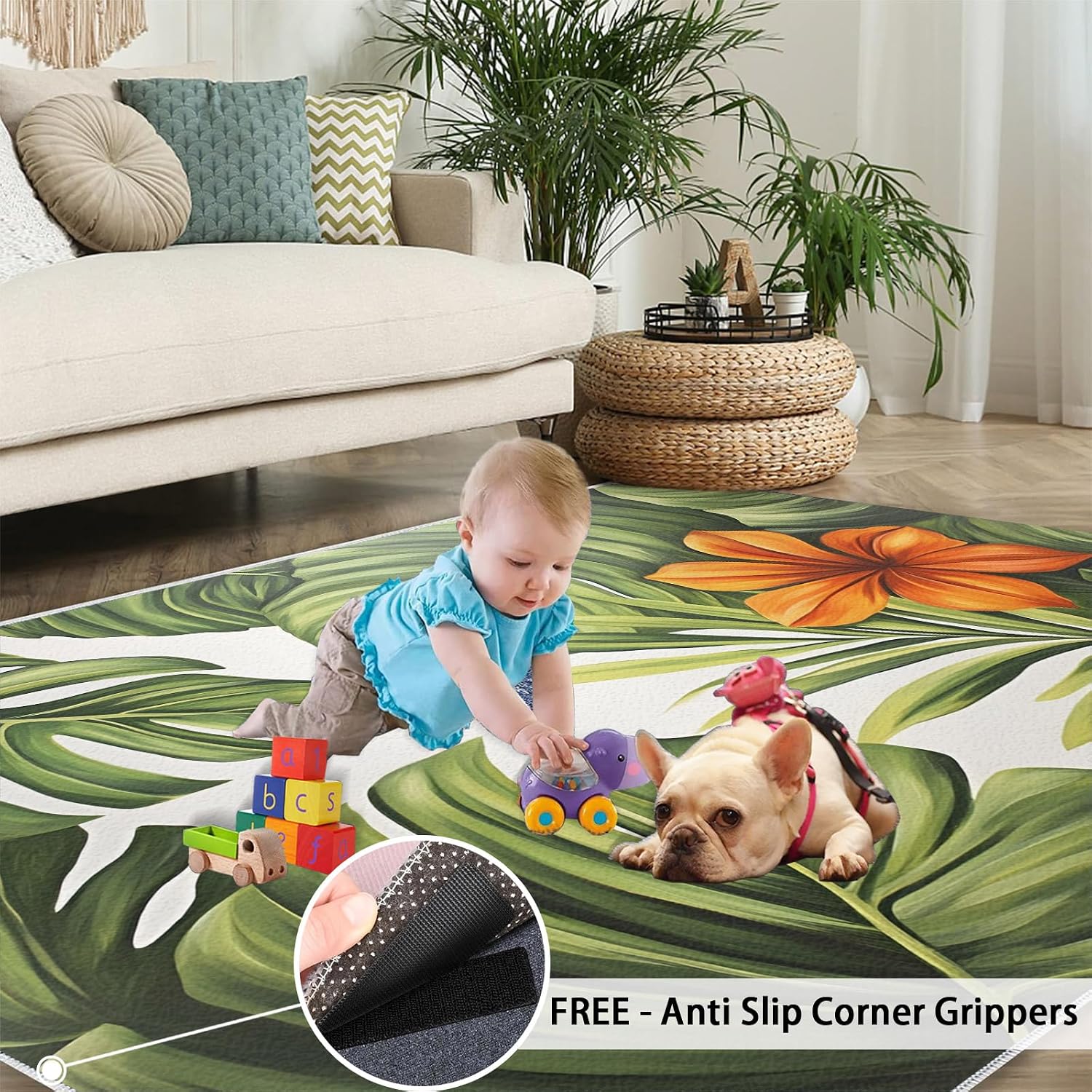 Hibiscus Monstera Rugs for Bedroom - 6x8 Rug, Floral Area Rugs for Living Room, Green Botanical Carpet, Botanical Washable Area Mat, Tropical Leaves Carpet, Floral Home Decor & Gifts