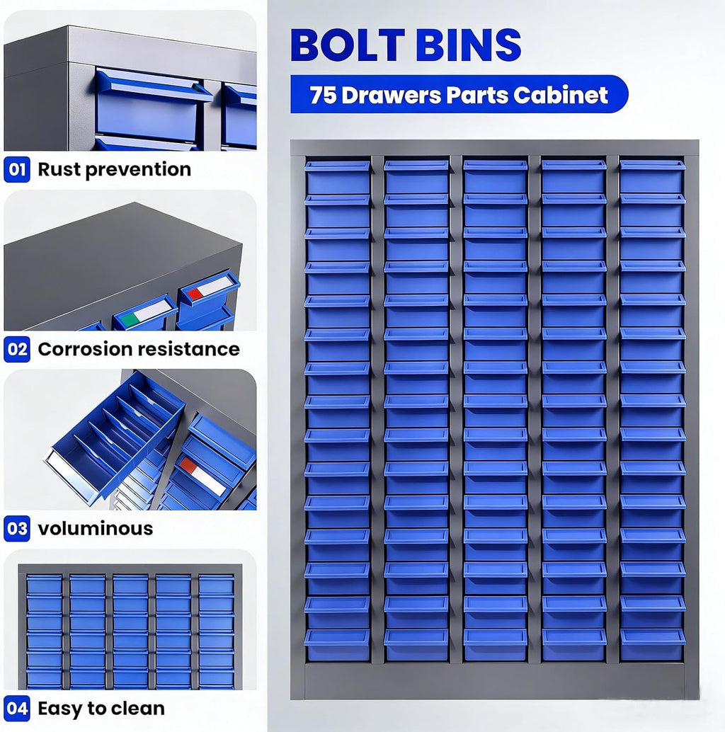 Freestanding 75 Drawer Small Parts Organizer, Blue ABS Drawer Cabinet with Label Panel and Shelf, Hardware Storage System for Workshops, Repair Stations