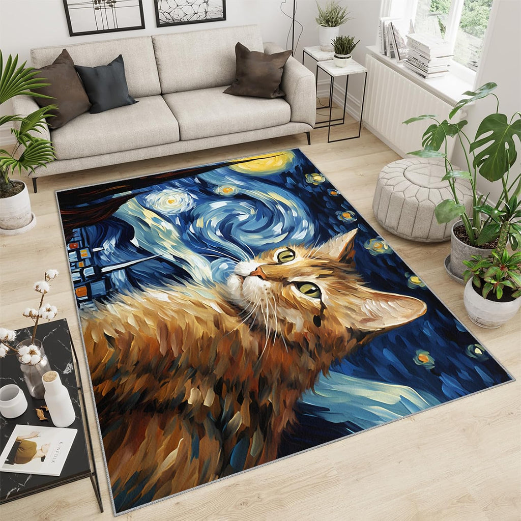 6x8 Area Rug - Starry Sky Orange Cat Large Rugs for Living Room, Post-Impressionist Art Painting Carpet Area Rug for Girls Bedroom Kids Room Basement Office Classroom