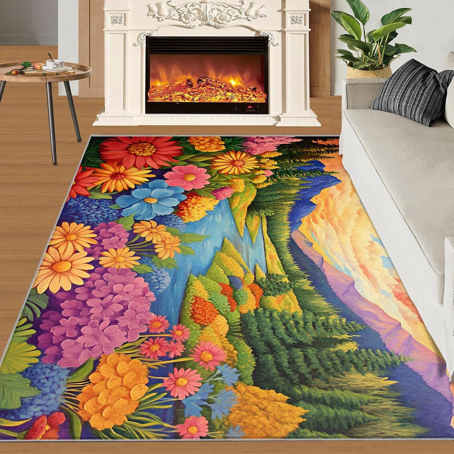 Florals Valley Rugs for Bedroom, Flowers Oil Painting Rug 6x8, Natural Mountains Dining Room Rugs Washable & Non Slip Large Carpet for Home Decor