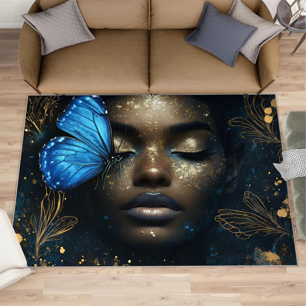 African American Woman Rug Large - 6x8 Rug, Butterfly Washable Rugs for Living Room, Fashion Carpet, Afro Black Girl Non-Slip Area Rugs for Bedroom, Modern Fashion Carpet, Black Girl Home Decor