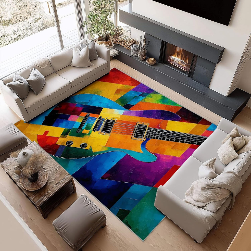Area Rug 6x9 ft Abstract Colorful Guitar Rugs for Living Room Bedroom, Soft Washable Rug, with Non Slip Backing, Modern Faux Cashmere Low-Pile Carpet, Print Pattern Rug