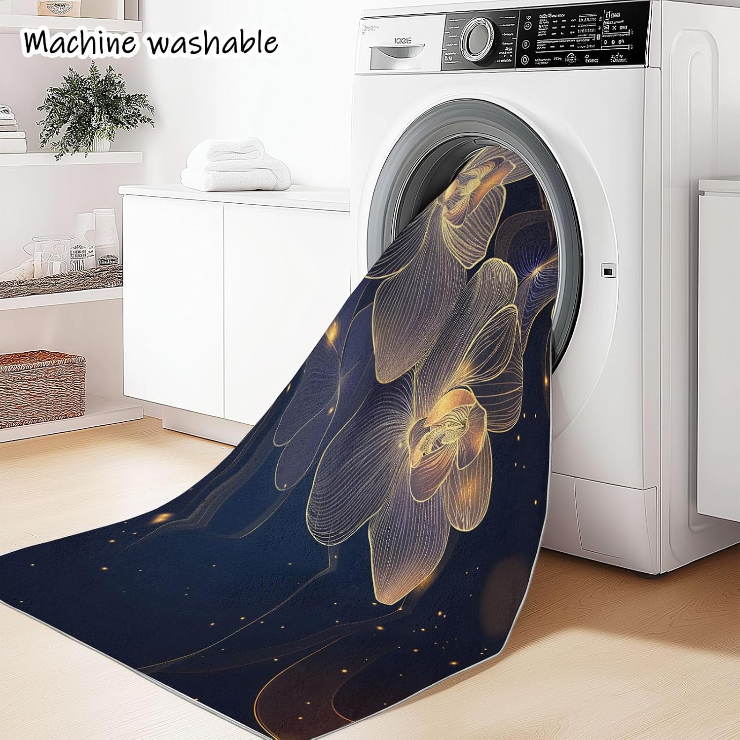 Washable Non-Slip Area Rug Resistant, Artistic Gold Line Orchid Theme for of Living Room Bedroom Kids Room, Nursery, Office, Kitchen, Multicolor 6 x 8 ft Carpet Pet & Child Friendly