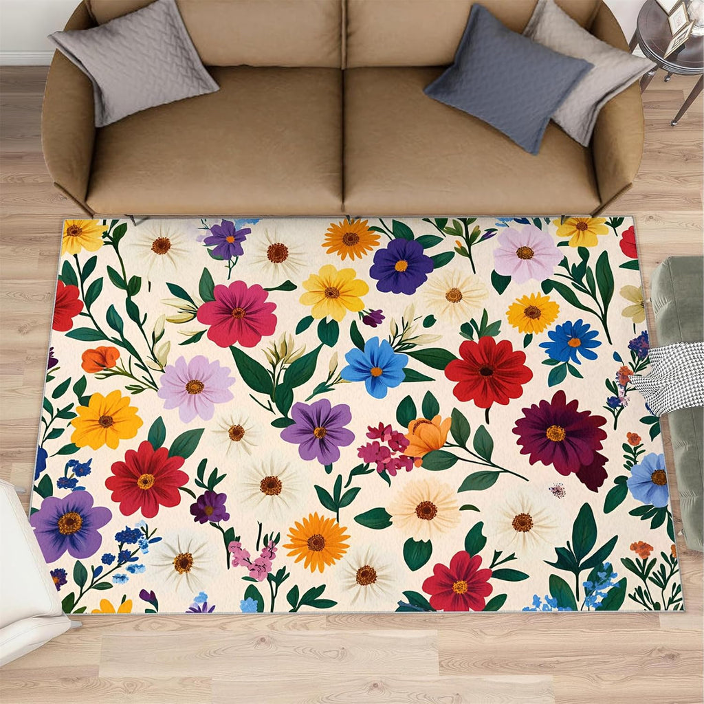 Floral Rugs for Living Room 6x8 Rug, Vintage Floral Area Rug, Boho Flowers Rugs, Large Machine Washable Rug, Non-Slip Floor Carpet for Bedroom Kids Room Home Decor